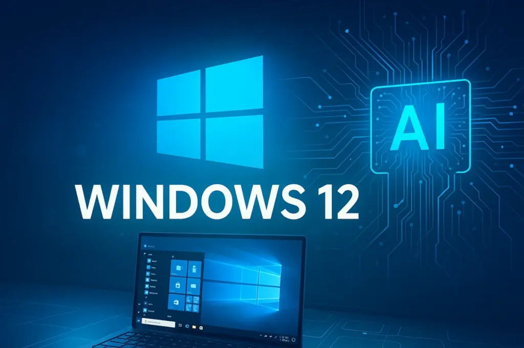 Symbolbild Windows‑Desktop mit futuristischen KI‑Elementen