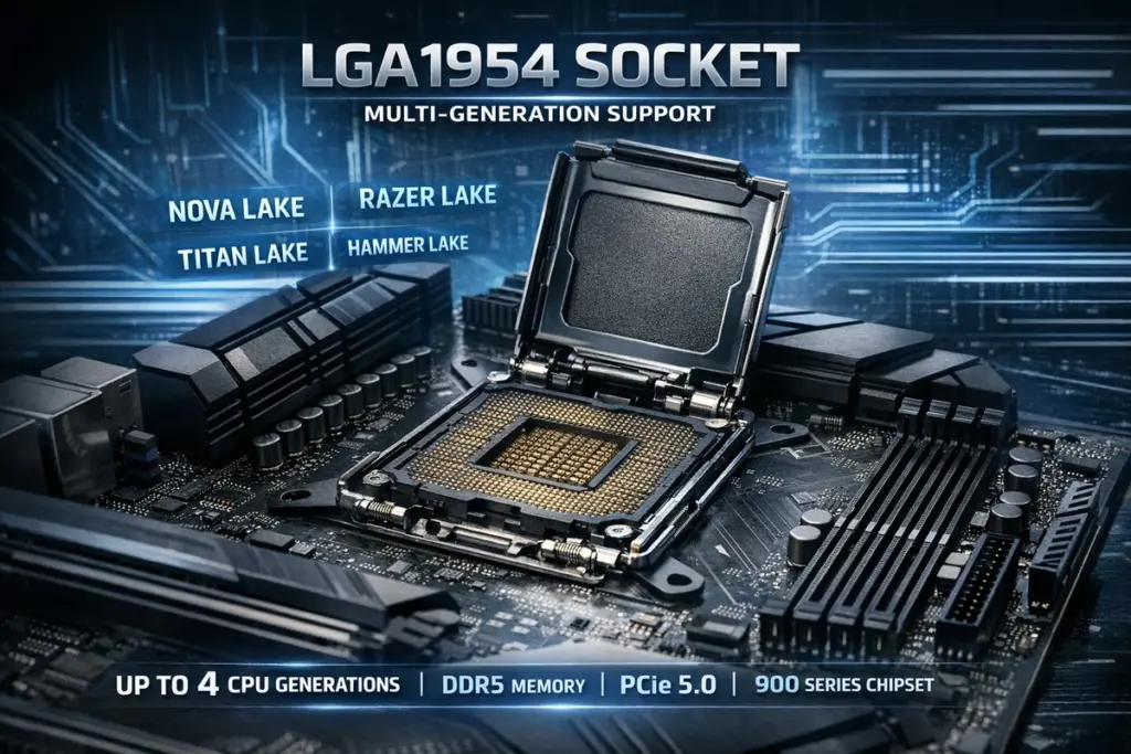 Konzeptdarstellung des Intel LGA1954‑Sockels mit Fokus auf Plattform‑Langlebigkeit: bis zu vier CPU‑Generationen, DDR5‑Support und PCIe 5.0.
