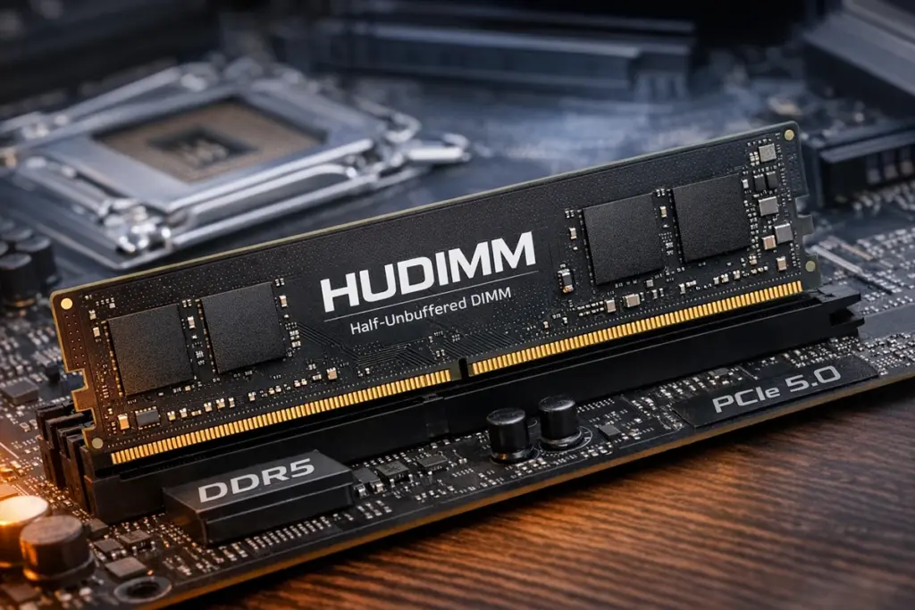 HUDIMM‑Speichermodul im DDR5‑Formfaktor mit reduzierter Chipbestückung Ki Darstellung